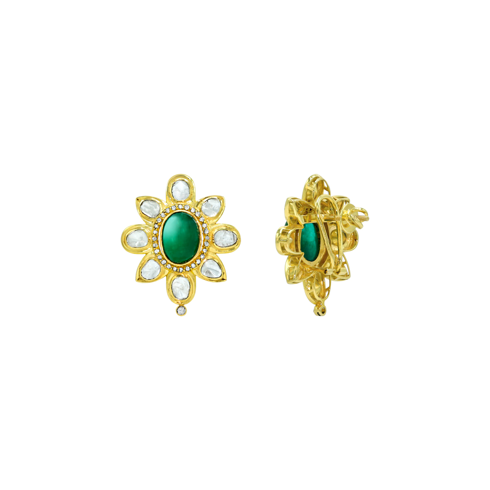 Gold Floral Studs with Emerald Cabochons and Polki Petals